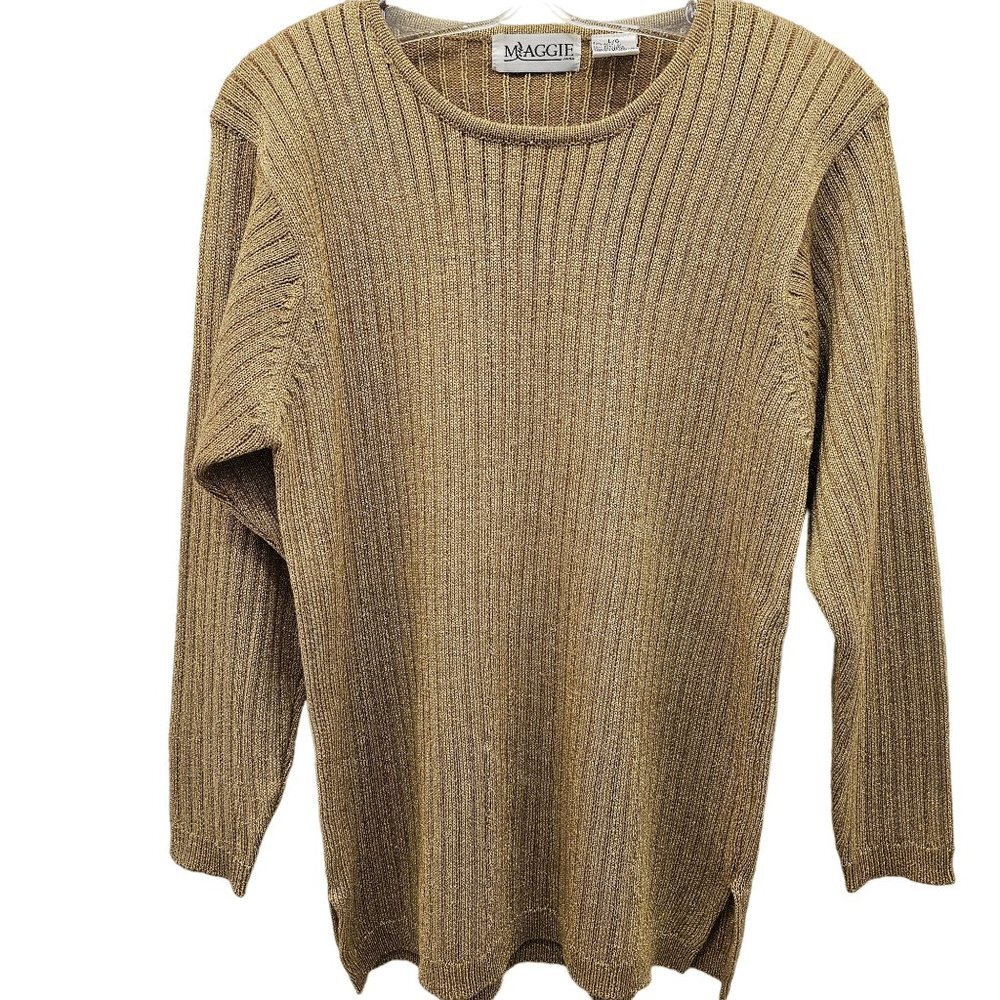Vintage Maggie Jana Crew Neck Knit Gold 1980's Sweater in Size L